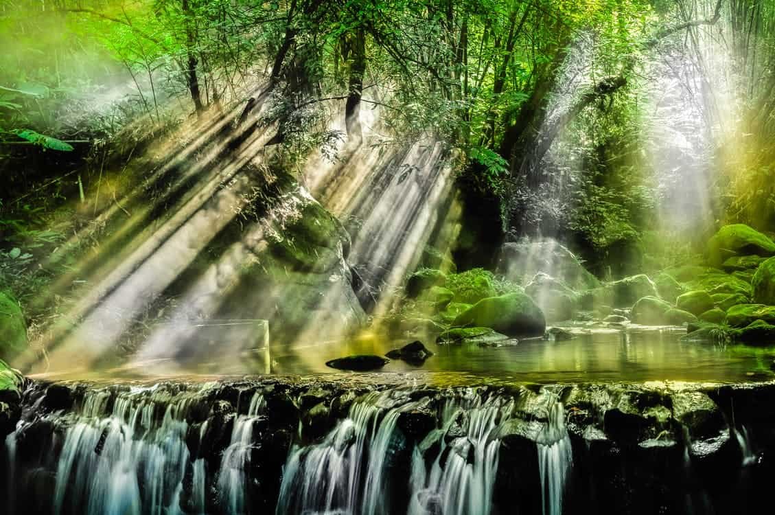 nature, a sunlit waterfall to show motherhood's fluidity and consistency