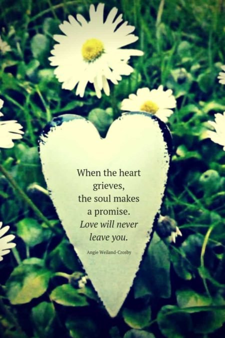 grief quote with a heart and daisies...When the heart grieves, the soul makes a promise. Love will never leave you.