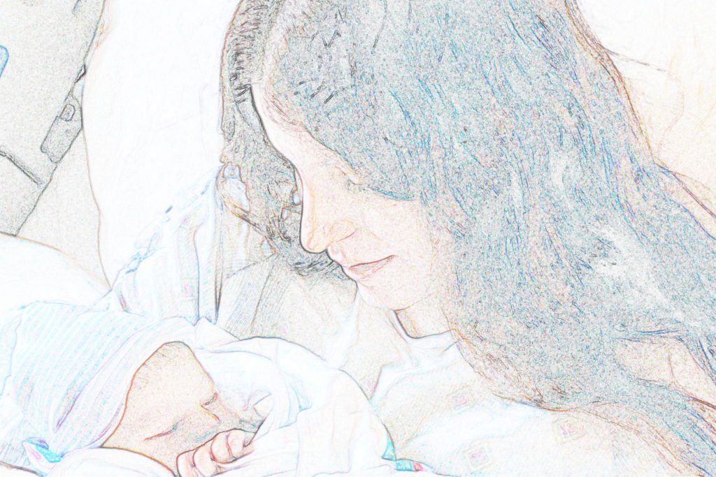a colored sketching of a mom and her baby daughter...