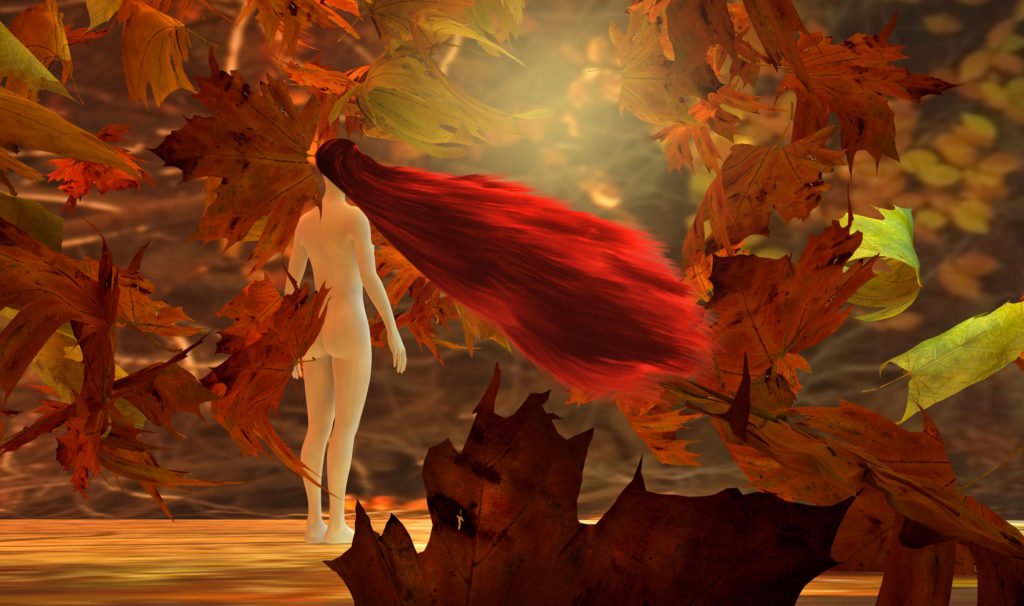 Surreal 3d illustration of woman and falling leaves in autumn...