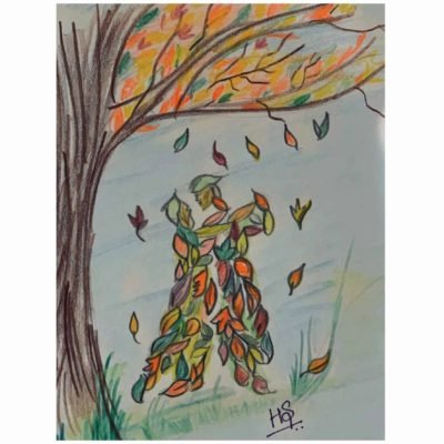 a drawing of summer and fall waltzing to the wind...artist, Heena Shrivastava @heenanik, Instagram